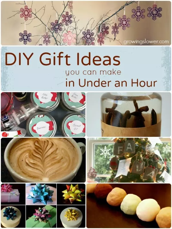 Easy DIY Gift Ideas you can make in Under an Hour. The list includes gifts for kids, babies, women, men, and even stocking stuffers, gift wrap, and Christmas decorations. www.growingslower.com #cheapgift #easydiy