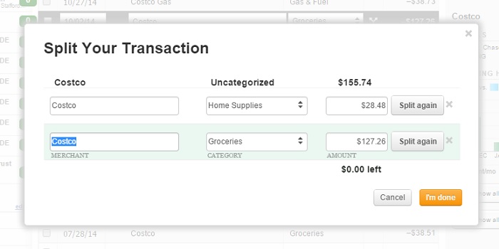 Split your transactions in Mint to help you assign expenses to the proper budget category.