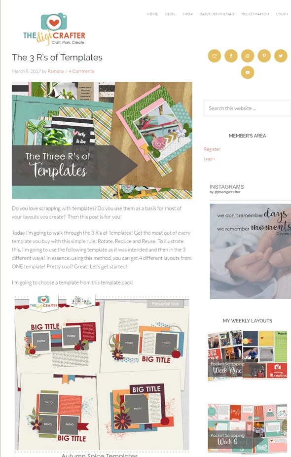 Here's one last example of a successfully designed blog. Ramona of the DigiCrafter used a playful multi-colored palette throughout her design to perfectly reflect the creative nature of her digital scrapbooking blog.