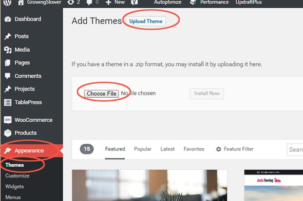 Here's a screen capture of a typical WordPress dashboard and where to look to upload your theme. 