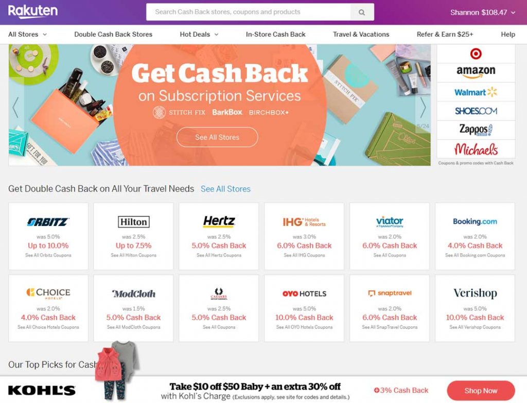 Shopping through Rakuten, is one way you can get free cash back on stores you shop at anyway like Target, Amazon, Walmart, and many more.
