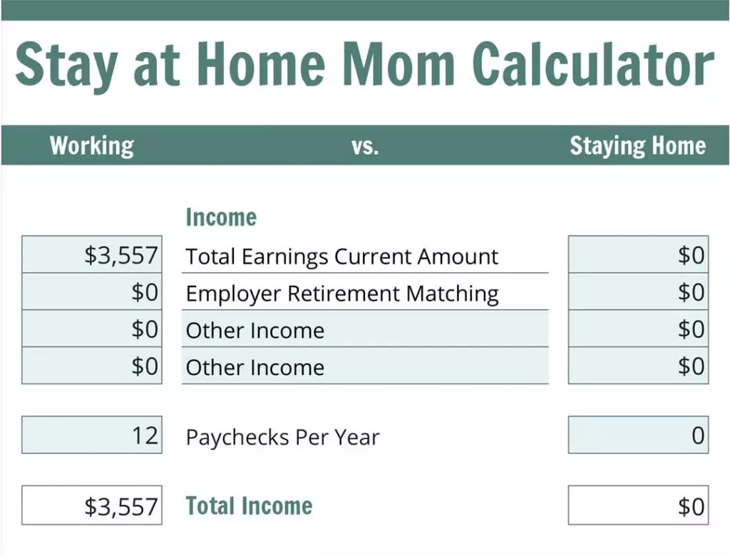 The Stay at Home Mom Calculator Income Section